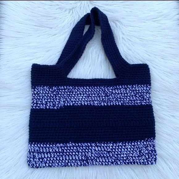 Crochet Blue & White Stripe Boho Tote Shoulder Bag - Picture 7 of 7